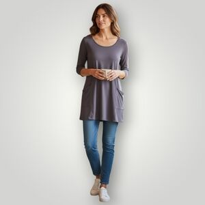 Purejill Top Womens S Blue Two Pocket Knit Tunic Lenght 3/4 Sleeves Scoop Neck‎